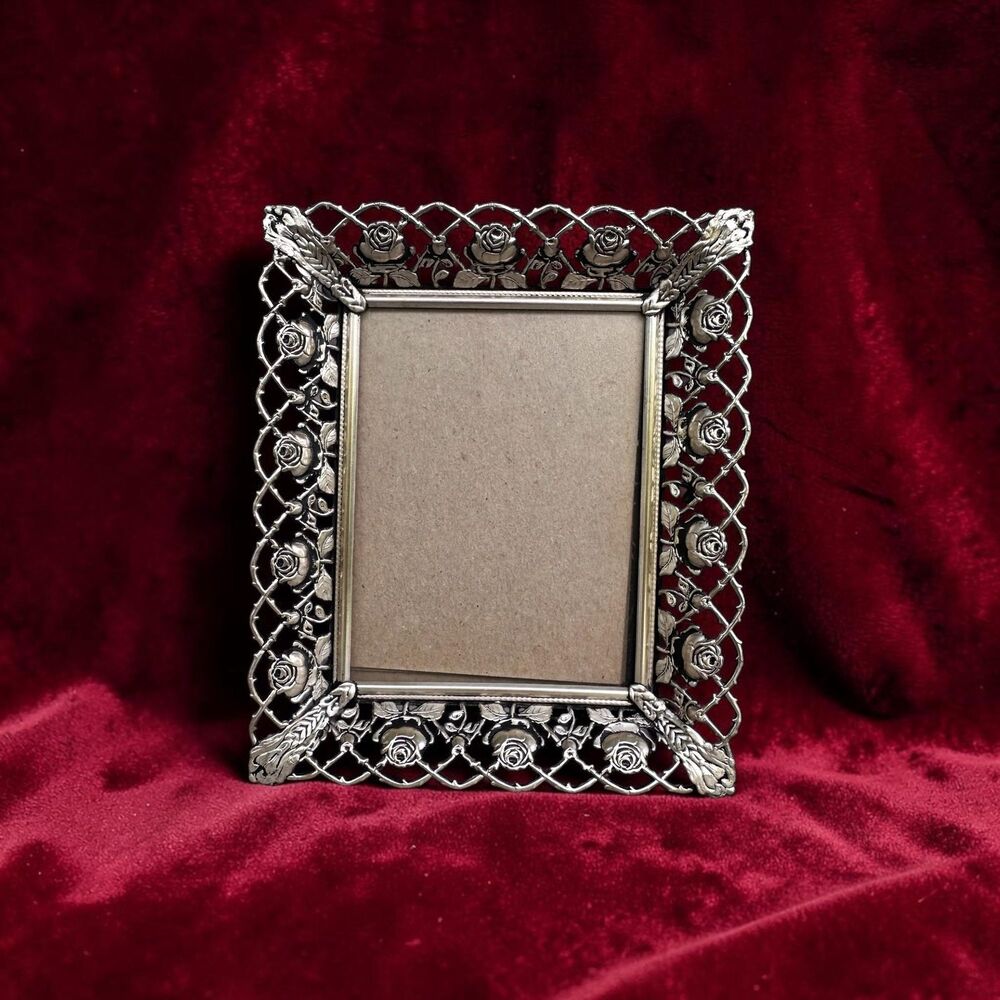 Vtg Filigree Antique Style Silver Rose Picture Frame Ornate Openwork Lattice
